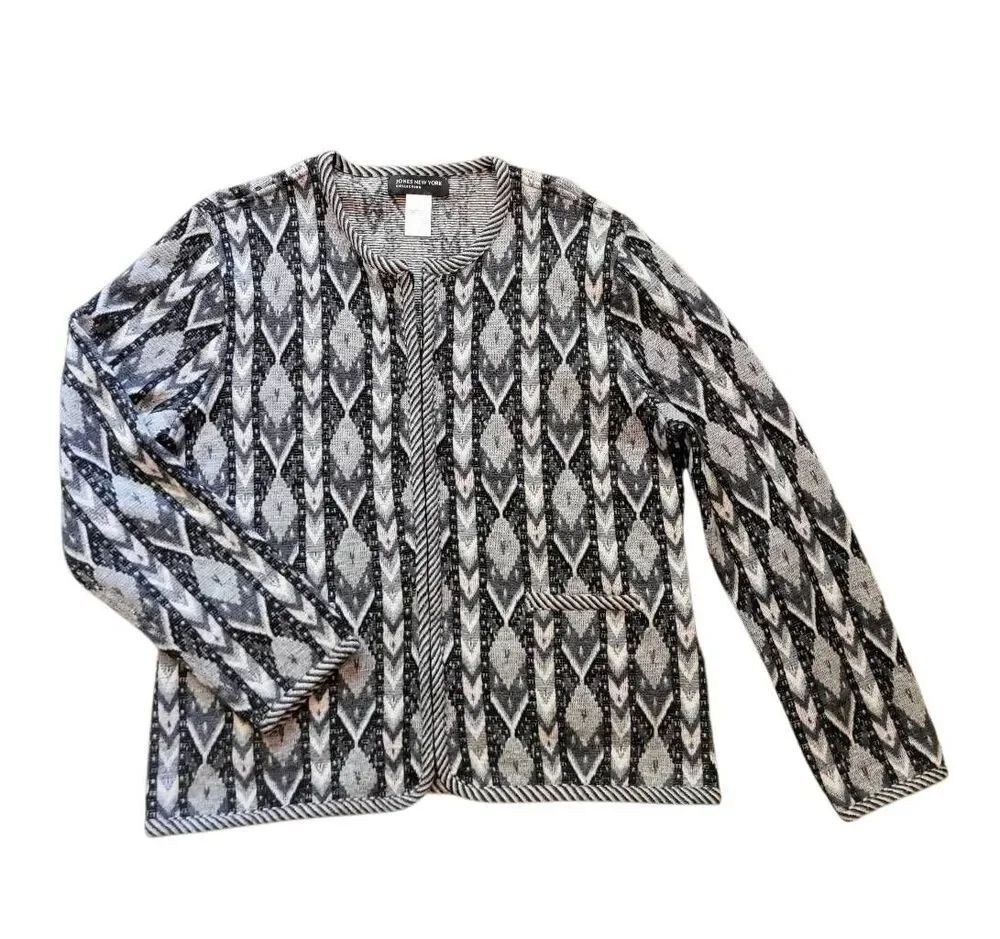 Vintage Sweater Women's Large Grey Cardigan Chevron Merino Wool Warm Soft